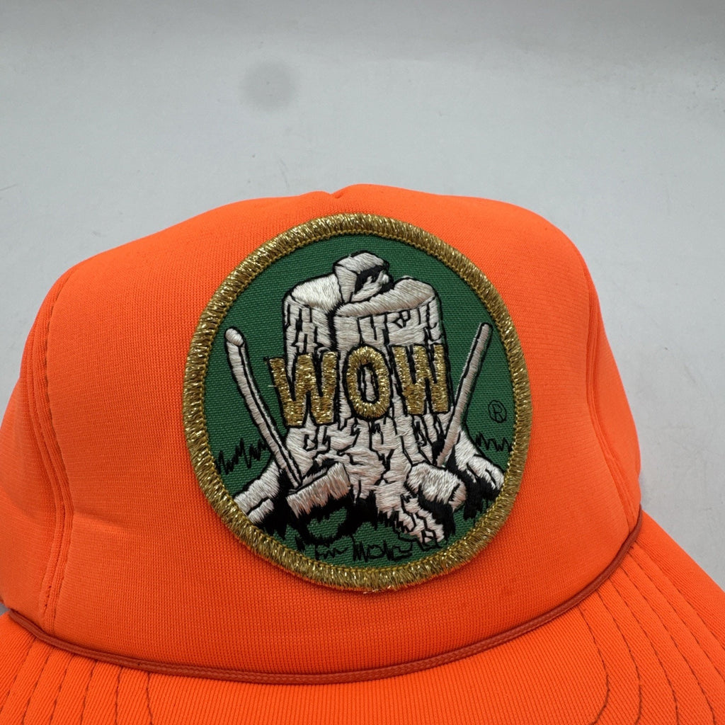 Vintage Trucker Hat Adults WOW Patch Hunting 80s 90s Safety Orange