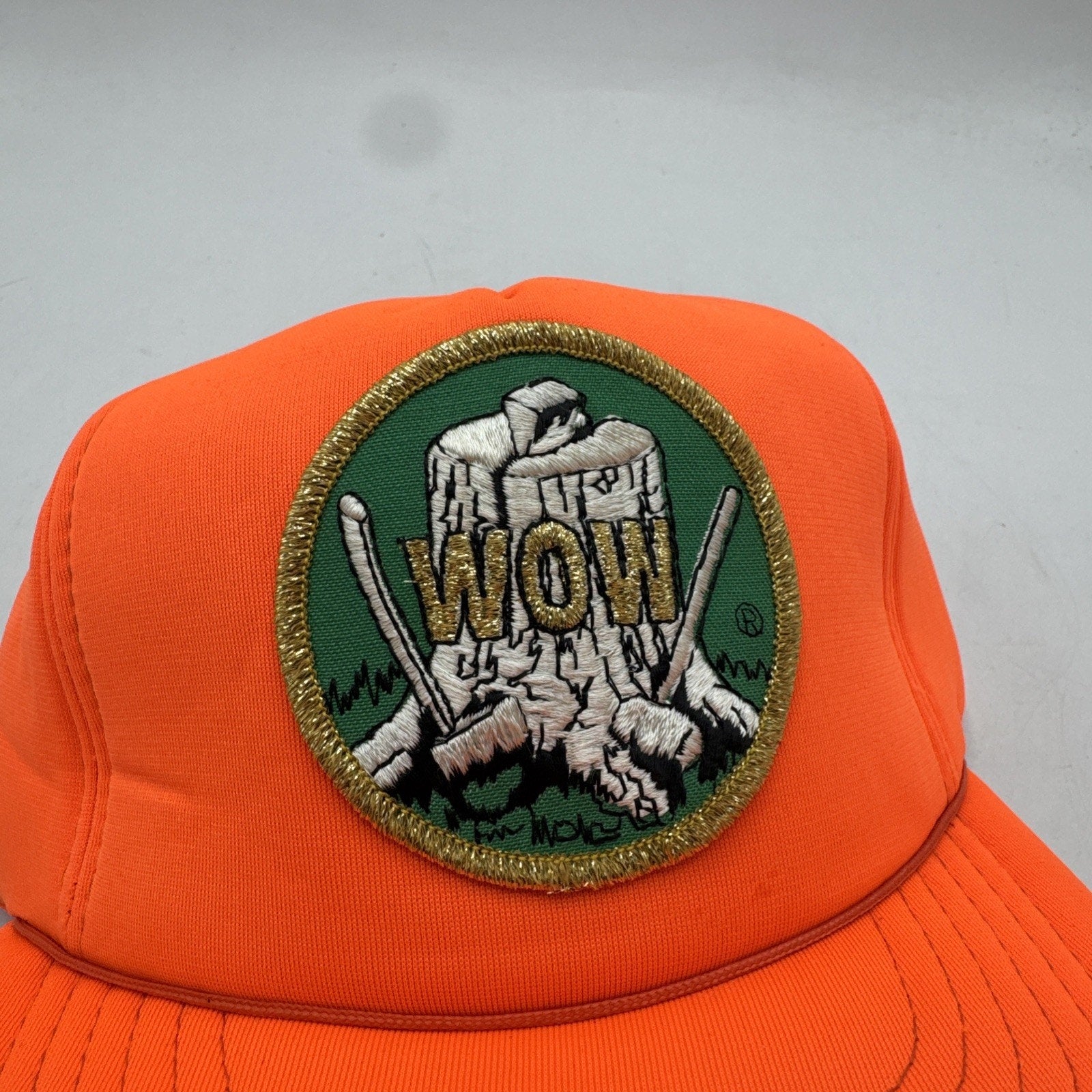 Vintage Trucker Hat Adults WOW Patch Hunting 80s 90s Safety Orange
