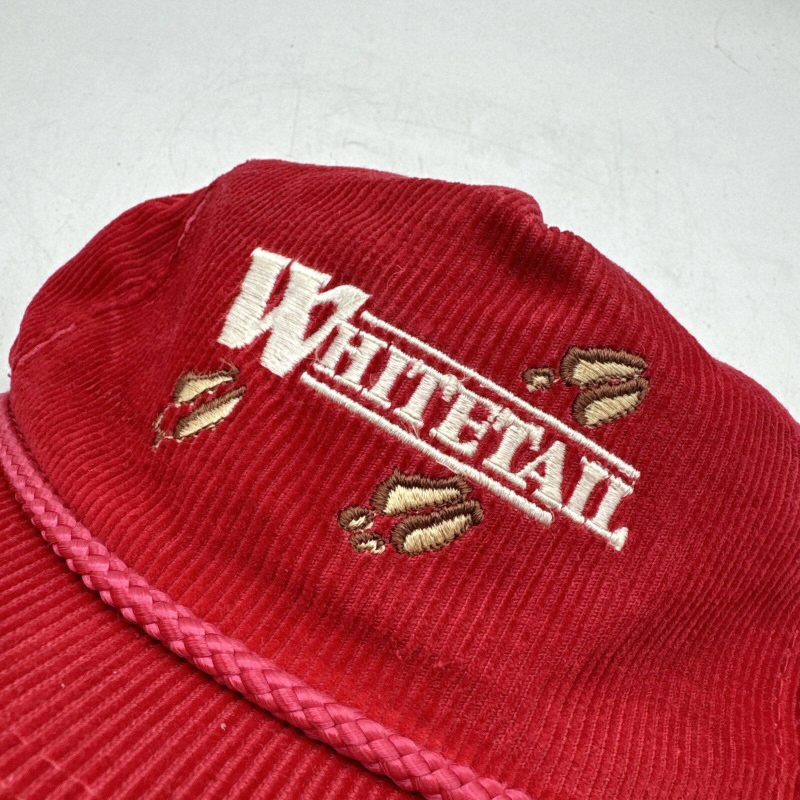 Vintage Hunting Hat Unisex Red Corduroy Deer Whitetail Rope Cap Script Snapback