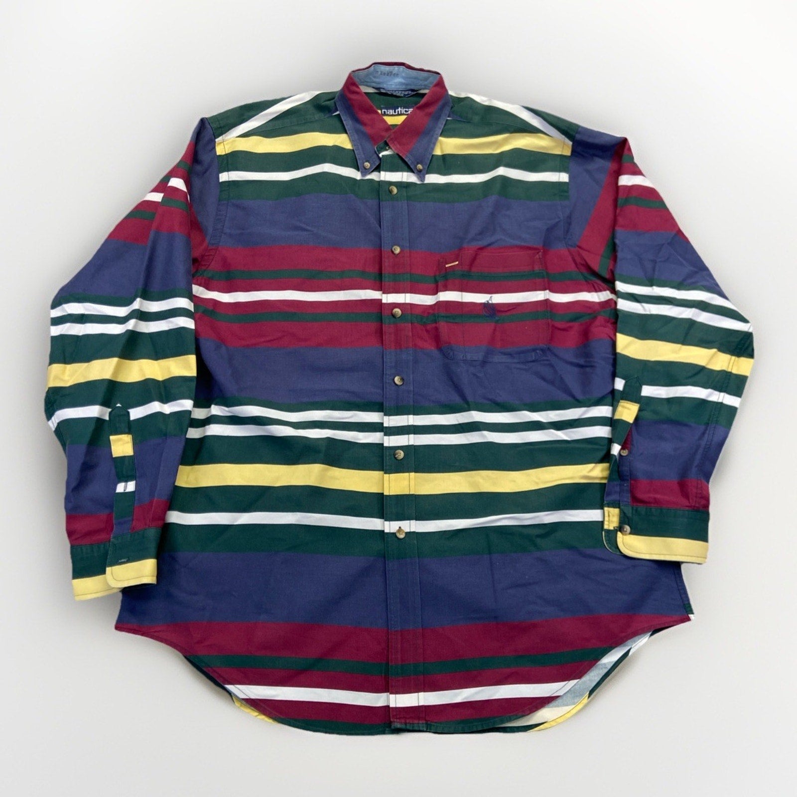 Vintage Nautica Men's L Colorblock Striped Long Sleeve Button Down 90s Preppy